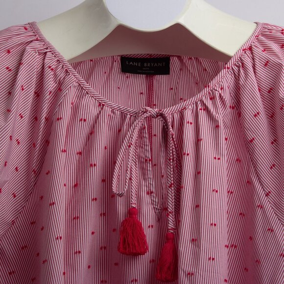 Lane Bryant 18/20 Pink & White Striped Peasant Blouse With Tassel Tie - Picture 3 of 8